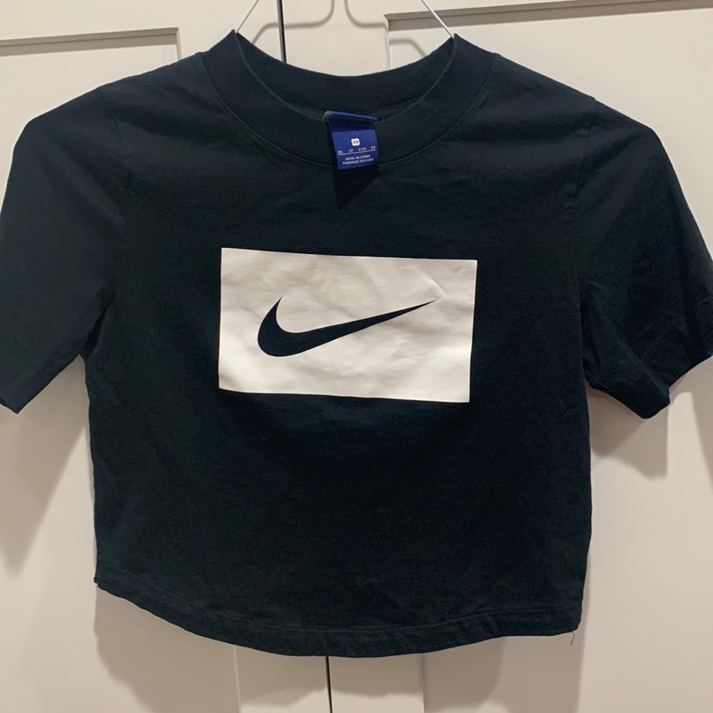Nike Black Cropped Swoosh Tee with White Logo